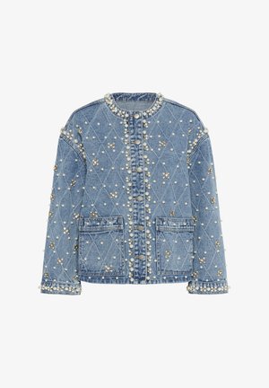 Jeans jakna svetlo modre barve, s diamantnim vzorcem, okrašena s biseri in kristali, z sprednjimi žepi in pritisnimi gumbi.