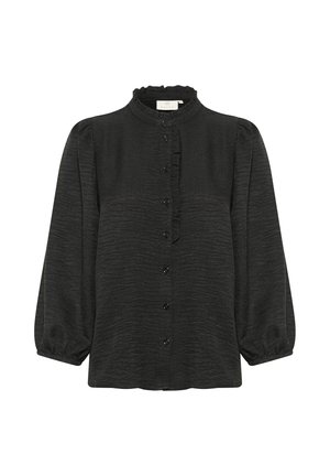 Schwarze Bluse mit hohem Rüschkragen, langen Puffärmeln, Knopfverschluss und strukturiertem Stoff mit feinen Wellenmustern.