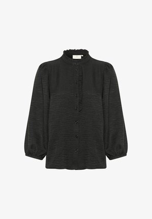 Mustmustel mustükk kollari, pikad puhvärviga varrukad, nupplist ja tekstuurne kangas, millel on peened lainelised mustrid.