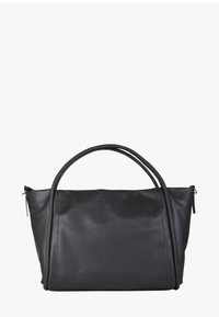 Borsa tote in pelle nera con doppio manico, texture liscia, forma rettangolare e cerniere sui lati per spazio di archiviazione aggiuntivo.