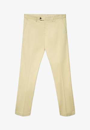 Beige schmal geschnittene Hose mit Gürtelschlaufen, Seitentaschen, Knopfverschluss und gesteppten Bügelfalten an der Vorderseite jedes Beins.