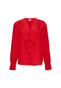 Rote Bluse mit langen Ärmeln, die in der Mitte eine plissierte Rüsche und fünf schwarze Knöpfe entlang der Knopfleiste besitzt. Glatte Textur.
