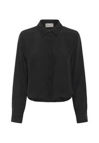 Czarna bluzka długi rękaw z wyostrzonego kołnierza, z ukrytymi guzikami z przodu i mankietami zapinanymi na guziki, oznaczona "Moją podstawową garderobą."