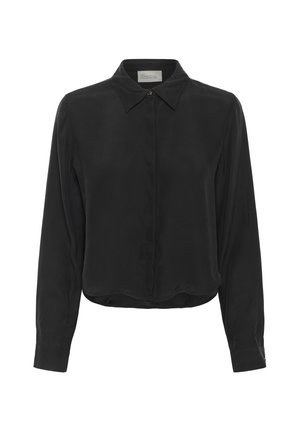 Bluză neagră cu mâneci lungi, guler ascuțit, nasturi ascunși pe față și mansete cu nasturi, etichetată "Garderoba Mea Esențială".