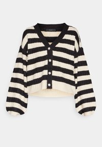 Czarny i kremowy prążkowany skrócony sweter z dekoltem w serek, prążkowaną fakturą i pięcioma okrągłymi guzikami na przodzie. Długie, bufiaste rękawy.