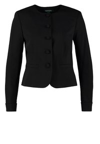 Svart blazer med rund halsringning, långa ärmar och framknäppning. Har två framfickor och strukturerade knappdetaljer.