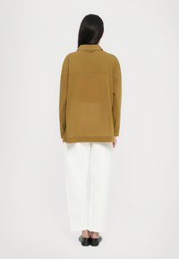 Løs passende brun bluse med krage og bakstykke, parret med hvite vide bukser og svarte slip-on sko. Minimalistisk design.