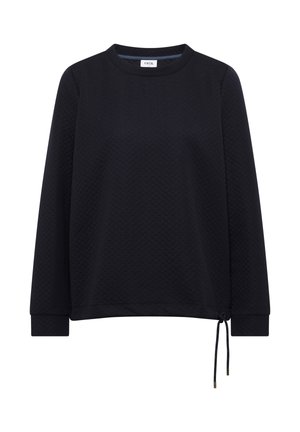 Sweatshirt noir foncé avec une finition texturée, manches longues et encolure ronde. Présente un détail de lien sur le côté pour un ajustement réglable.