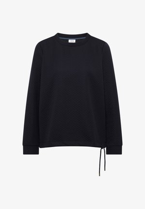 Donkerblauwe sweatshirt met een gestructureerde afwerking, lange mouwen en een ronde hals. Beschikt over een zijdelingse knoopdetail voor een verstelbare pasvorm.