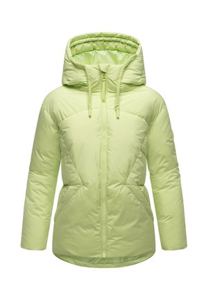 Heled roheline puhvis jakk, millel on kapuuts, esine tõmblukk, string ja rombikujuline õmblusmustri, disainitud soojuse ja mugavuse tagamiseks.