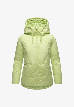 Heled roheline puhvis jakk, millel on kapuuts, esine tõmblukk, string ja rombikujuline õmblusmustri, disainitud soojuse ja mugavuse tagamiseks.