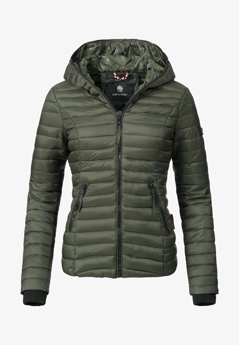 Olive green puffer jacket with a hood, featuring horizontal quilted pattern, front zip closure, and two side pockets. Smooth, shiny texture.