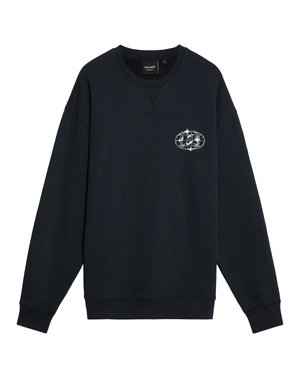 Sort sweatshirt med rund halsudskæring, ribbede ærmeafslutninger og et grafisk logo på brystet. Fremstillet af blødt bomuldsstof.