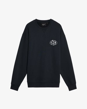 Sort sweatshirt med rund halsudskæring, ribbede ærmeafslutninger og et grafisk logo på brystet. Fremstillet af blødt bomuldsstof.