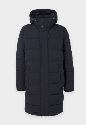 Navyblauer Daunenmantel mit Kapuze, horizontal gestepptem Design, zwei Seitentaschen und Knopfverschlüssen. Hergestellt aus strukturiertem, isoliertem Material.