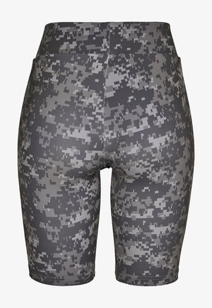 Sive digitalne kolesarske hlače s kamuflažnim vzorcem in visokim pasom. Narejene iz raztegljive tkanine, z gladko teksturo in prilegnjeno obliko.