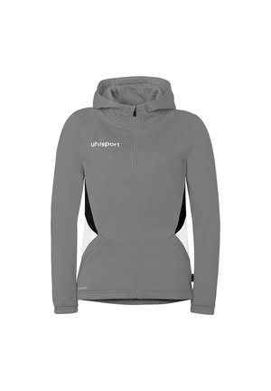 Grijze full-zip gewatteerde jas met zwarte en witte zijpanelen en het "uhlsport" logo op de borst, ontworpen voor een sportieve pasvorm.