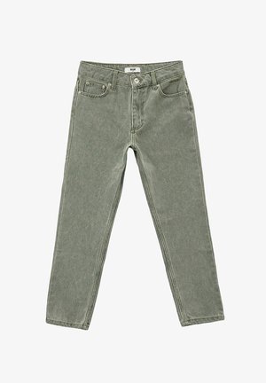 Pantaloni in denim verde oliva con un classico design a cinque tasche, gambe dritte e dettagli di cucitura visibili. Chiusura con bottone in vita.