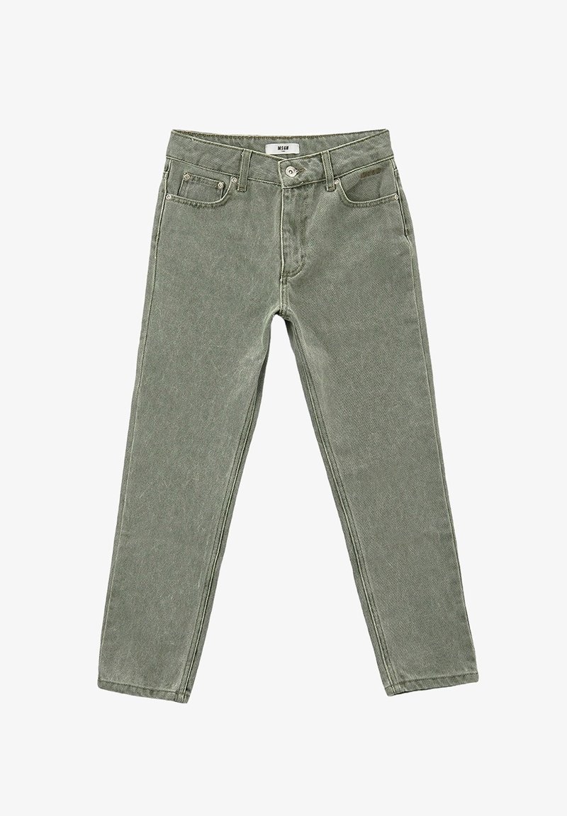 Pantaloni in denim verde oliva con un classico design a cinque tasche, gambe dritte e dettagli di cucitura visibili. Chiusura con bottone in vita.