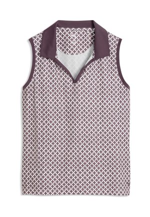 Polo sans manches avec col violet et un motif croix violet et blanc répétitif sur le corps, posé à plat sur une surface blanche.