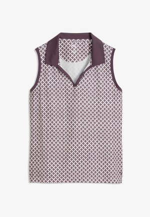 Polo sans manches avec col violet et un motif croix violet et blanc répétitif sur le corps, posé à plat sur une surface blanche.