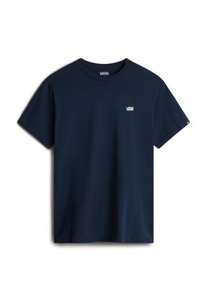 Marineblå Vans t-shirt med korte ærmer og et lille hvidt Vans-logo på venstre bryst, præsenteret på en hvid baggrund.