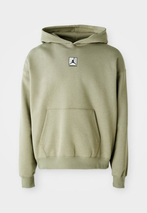 Olive green hoodie with a front kangaroo pocket, ribbed cuffs and hem, features a small black and white Jordan logo on the chest.