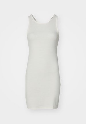 Witte mouwloze jurk van textuurstof. Heeft een ronde halslijn en een getailleerde silhouet, die boven de knie valt.