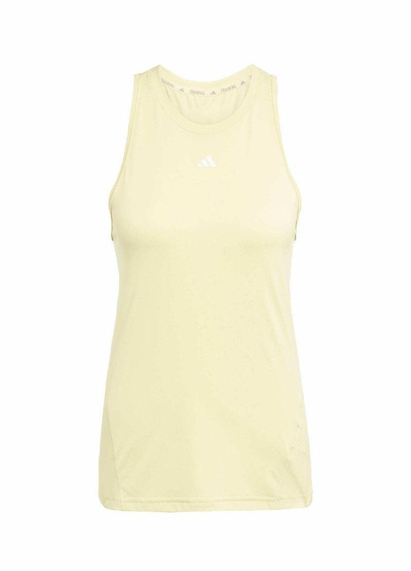 Top atlético sin mangas de color amarillo claro con escote redondo, fabricado en tejido que absorbe la humedad, con un pequeño logo blanco en el pecho.