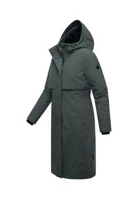 Water-resistant long coat in dark green, featuring a fitted waist, large hood, zip closure, and side pockets. Textured fabric with elastic cuffs.