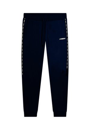 Pantaloni jogger blu navy con vita elastica, coulisse, tasche laterali, gambe a cono e scritta "FREDDY" sui lati e sulla parte superiore della coscia.