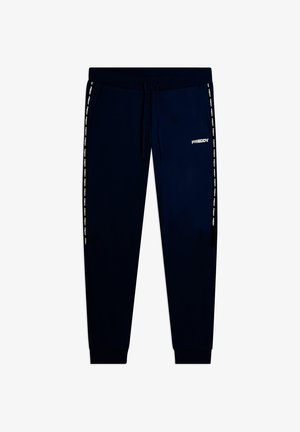 Pantaloni jogger blu navy con vita elastica, coulisse, tasche laterali, gambe a cono e scritta "FREDDY" sui lati e sulla parte superiore della coscia.