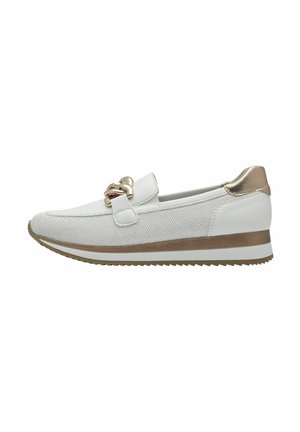 White sneaker with mesh upper, metallic gold accents, flat sole, and decorative loop hardware. Features a textured design and casual shape.