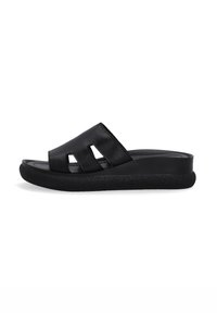 Black leather slide sandal featuring three cutouts, a smooth upper, and a textured black sole for added grip and comfort.
