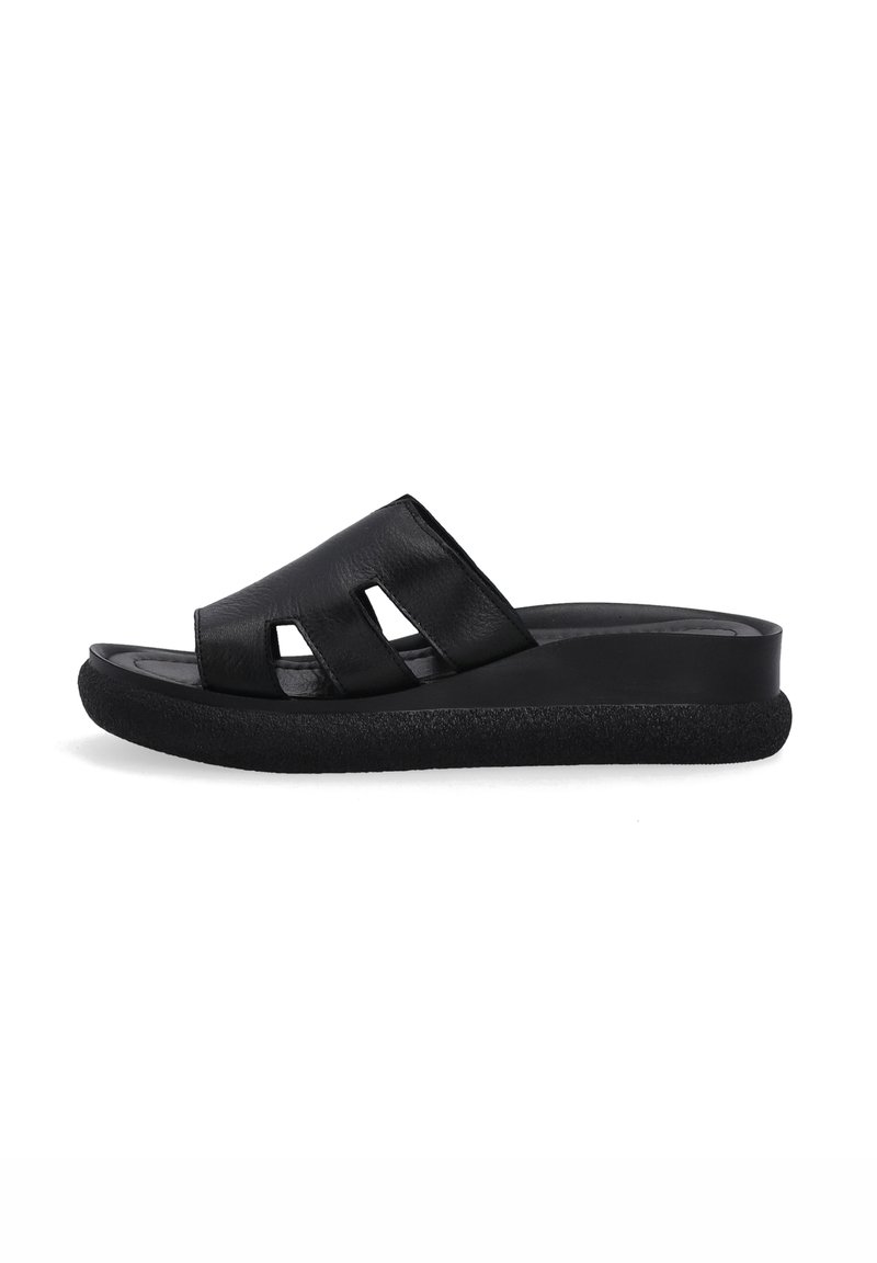 Black leather slide sandal featuring three cutouts, a smooth upper, and a textured black sole for added grip and comfort.