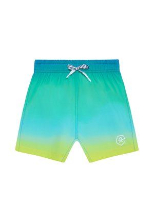 Bunte Badeshorts mit Farbverlauf von Blau zu Grün zu Gelb, elastischem Bund, weißem Kordelzug und kleinem weißem Logo am linken Bein.