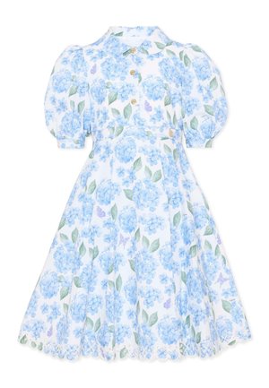 Biała sukienka z niebieskim kwiatowym nadrukiem, bufkami na krótkich rękawach, złotymi guzikami z przodu, falowanym dołem z haftowanymi detalami.