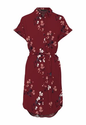 Bordeaux rood overhemdjurk met korte mouwen, roze en witte bloemenprint, knopen aan de voorkant, kraag en stoffen ceintuur in de taille.