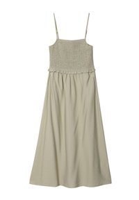 Vestido sin mangas de color gris claro con cuerpo fruncido, detalle de volantes en la cintura y falda en línea A. Textura suave y tejido ligero.
