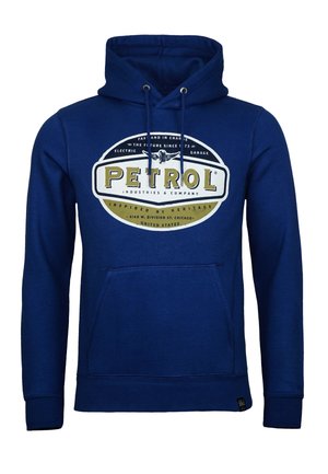 Blauwe hoodie van een katoenmix met een trekkoord in de capuchon, een voorzak en een cirkelvormig "PETROL" logo in geel en wit op de borst.