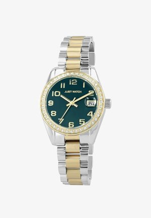 Gold- und Silbermetall-Uhr mit einem grünen Zifferblatt, weißen Ziffernmarkierungen, einem mit Kristallen besetzten Gehäuse und einem Zweifarbigen Gliederarmband.