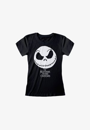 Schwarzes Baumwoll-T-Shirt mit einem großen weißen Grafik eines Schädels mit einem genähten Lächeln und dem Text "Der Nachtmare vor Weihnachten" darunter.