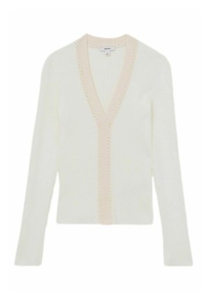 Cream-colored long-sleeve sweater with a deep V-neck and contrasting pale pink trim featuring a braided design along the edges.