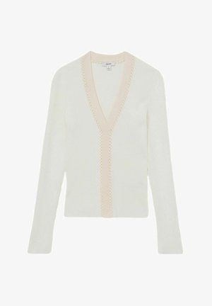 Pull-over crème à manches longues avec un décolleté en V profond et des bordures contrastantes en rose pâle affichant un design tressé le long des bords.