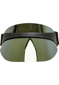 Visiera nera con lente verde riflettente e curvata. Dotata di una fascia morbida e regolabile per una vestibilità sicura. Superficie liscia e lucida senza motivi visibili.
