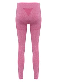 Růžové sportovní legíny vyrobené z texturované, prodyšné látky, s vysokým pasem a síťovanými detaily na dolních částech nohou a na zádech.