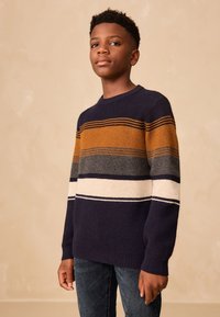 Pull en tricot bleu marine avec des rayures horizontales moutarde, gris et crème ; poignets et col côtelés ; tissu texturé.