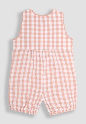 Lyserød og hvid ternet bomuldsromper med bølgede kanter, samlet talje og elastiske manchetter ved bunden af benene.