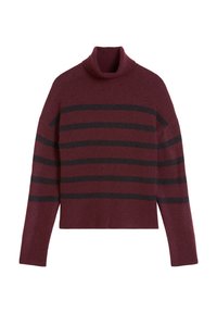 Burgunderfarbener Rollkragenpullover mit schwarzen horizontalen Streifen. Bietet eine lockere Passform und eine weiche Textur. Tailliertes Design mit langen Ärmeln.