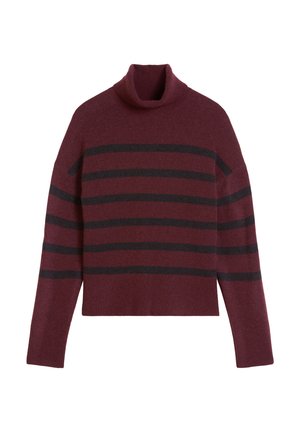 Bordeaux coltrui met zwarte horizontale strepen. Heeft een ontspannen pasvorm en een zachte textuur. Crop-design met lange mouwen.